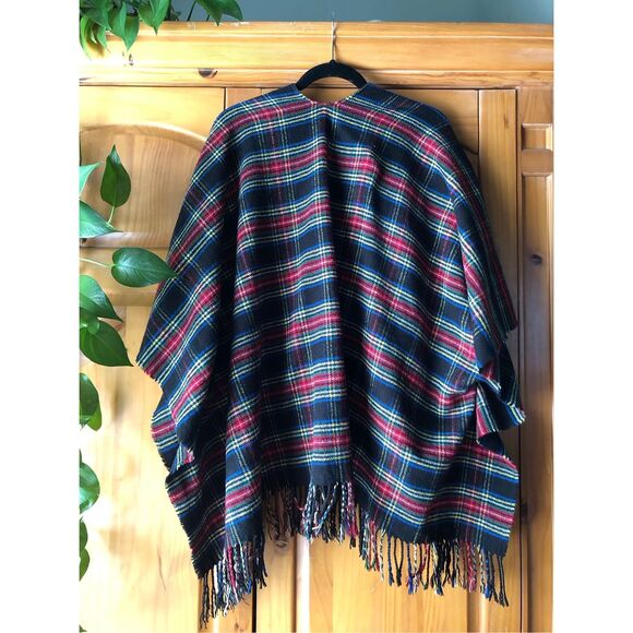 Talbots Tartan Plaid Open Front Ruana Wrap Cape Shawl Fringe M/L - Picture 8 of 13